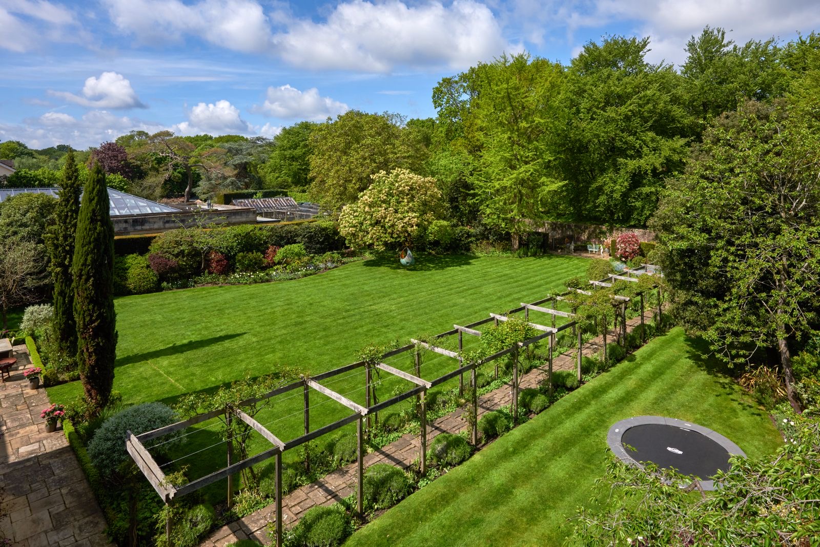 The lawns and pergola from above